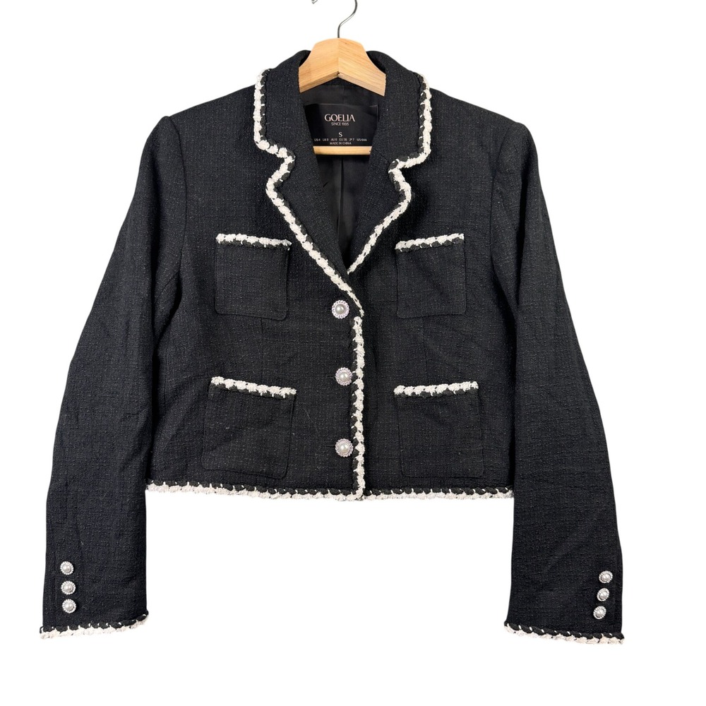 GOELIA Black Cropped Tweed Jacket Pearl Button Contrast Trim Blazer Small US 4